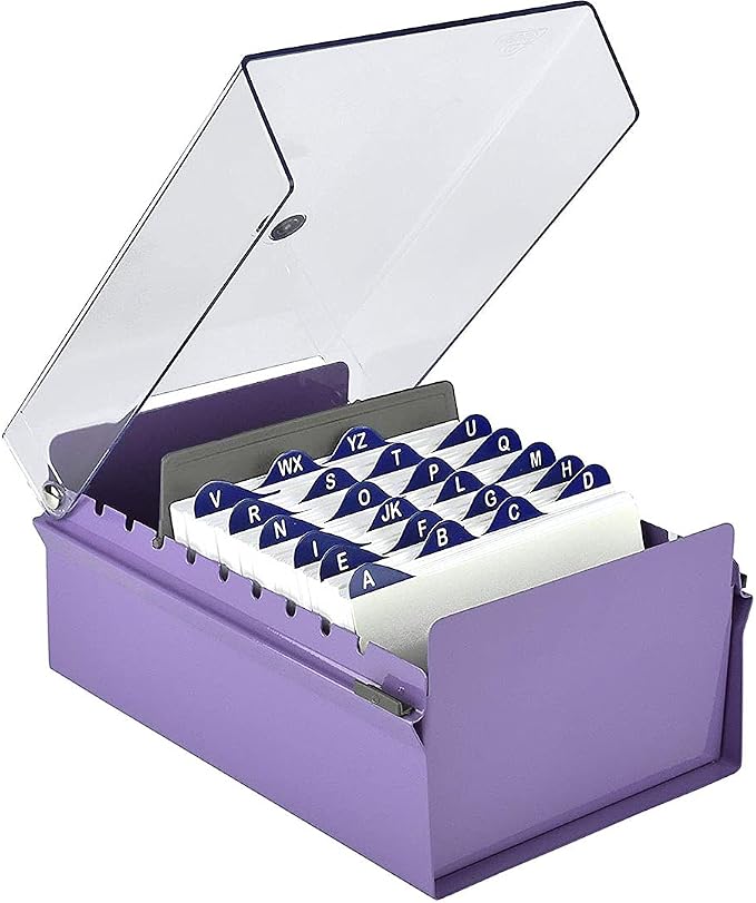Acrimet 4 x 6 Card File Holder Organizer Box Metal Base Heavy Duty (AZ Index Cards and Divider Included) (Purple Color with Clear Crystal Plastic Lid Cover) | With A-Z Index & Non-Slip by Organizingyourlife