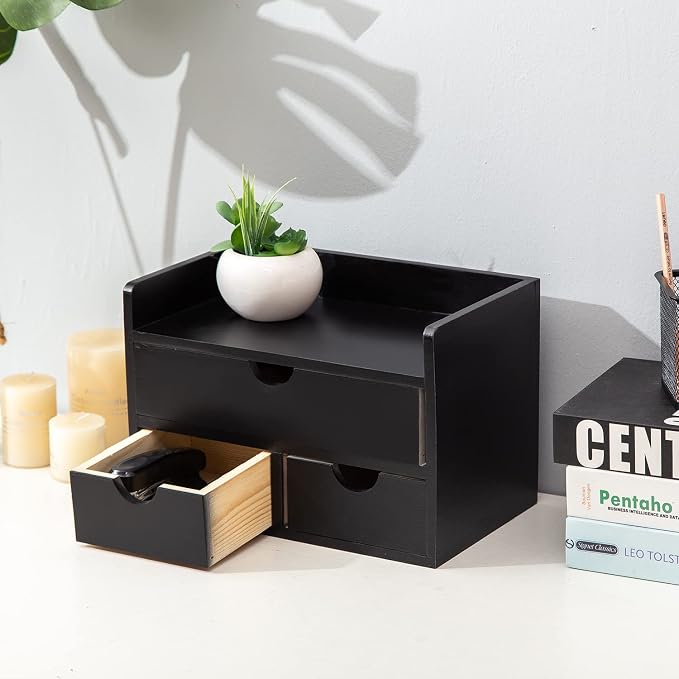 Black Bamboo Desk Organizer Wooden Storage Cabinet 3 Drawers with Shelf Tabletop Organization Box Home Office Workspace Bathroom Toiletries Supplies Caddy Vanity Makeup Stationery Holder - Image 2