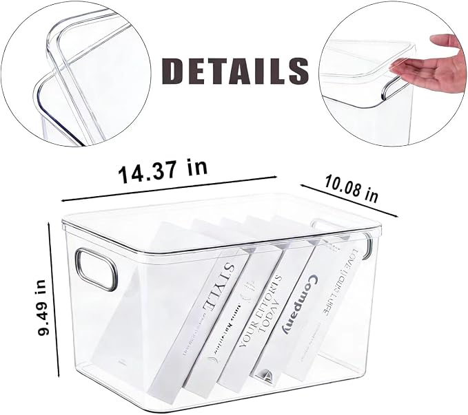 Ytteve 4 Pack Clear Storage Bins with Lids (14.4"x10.1"x9.5"), Heavy Duty Plastic Organizer Containers for Dog Food, Snacks, Books, Cosmetics, Pantry, Kitchen, Office - Thickened & Stackable - Image 2