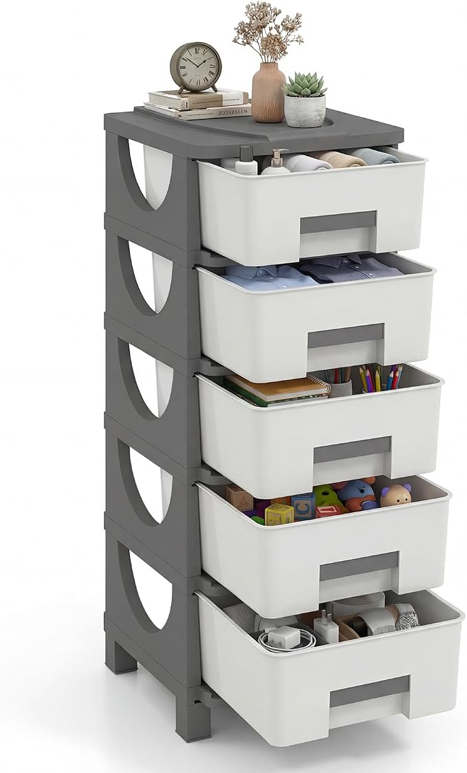 Giantex 5-Drawer Storage Organizer, Plastic Storage Tower with Drawers, Multi-Purpose Container Box for Office, Bathroom Living Room, White+Grey by Giantex