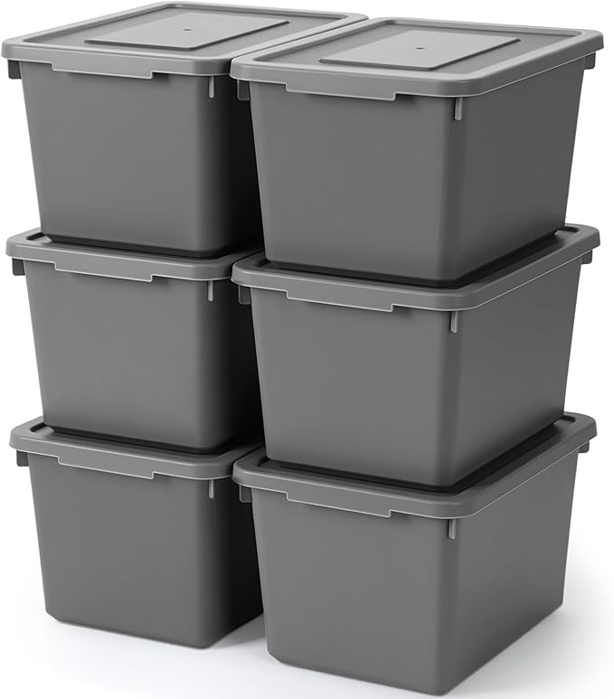 Potchen 6 Pcs Pack Small Stackable Storage Bins with Lids Plastic Storage Boxes for Classroom 9.8" ×7.3" ×5.7" Decorative Organizer Bins for Craft Art Office Teacher Supplies (Grey) by Potchen