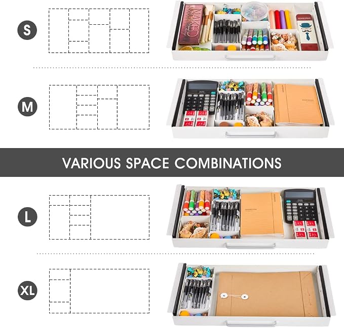 Large Size Under Desk Slide out Pencil Drawer White with Adjustable Space Divider Design for Storing Pencil and Office Accessories, Underdesk Pull out Tray Organizer Mounted for Sit Stand Workstation - Image 4