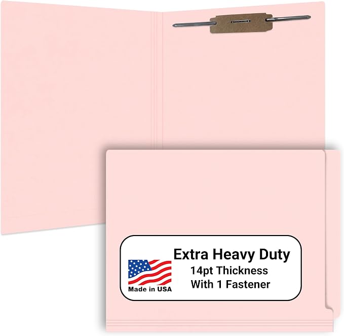 Pink File Folders, Doctor Stuff, Letter Size Reinforced End Tab Folder with 2" Bonded Fastener on Inside Back, 14 pt Stock, Box of 50 by DoctorStuff