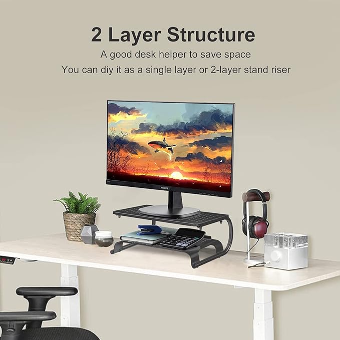suptek Double-Deck Desk Monitor Stand Riser for Computer,Laptop,Printer, Notebook and All Flat Screen Display with Vented Metal Platform and 4 Inches Height Underneath Storage (MST002) - Image 2
