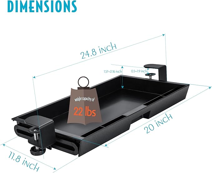EHO Under Desk Slide-Out Storage Drawer, Large 20" x 11.8" Clamp-On Pull-Out Organizer with Adjustable Height, Space-Saving Tray for Office Supplies and Accessories, TAA-Compliant - Image 5