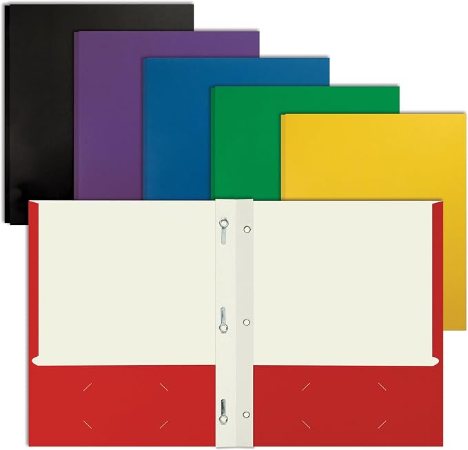 Better Office Products Letter Size Paper Portfolios, Case of 100, Assorted Primary Colors, with Fasteners (Assorted, 2 Pocket Paper Folders) by BetterOfficeProducts