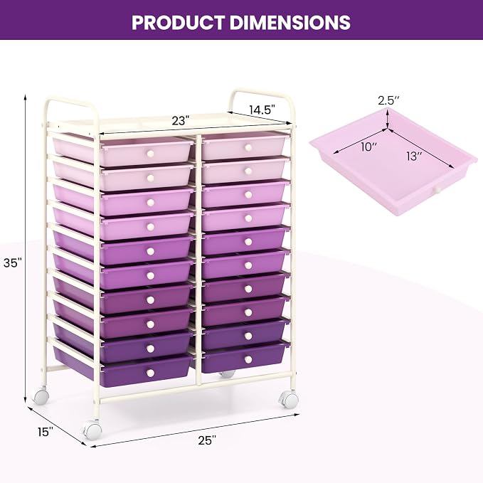 Giantex 20 Drawers Rolling Cart, Mobile Storage Drawer Cart, Classroom Organizer Cart for Office School Supplies Tools Scrapbook Paper Craft Small Printer, Utility Cart on Wheels, Gradient Purple - Image 3