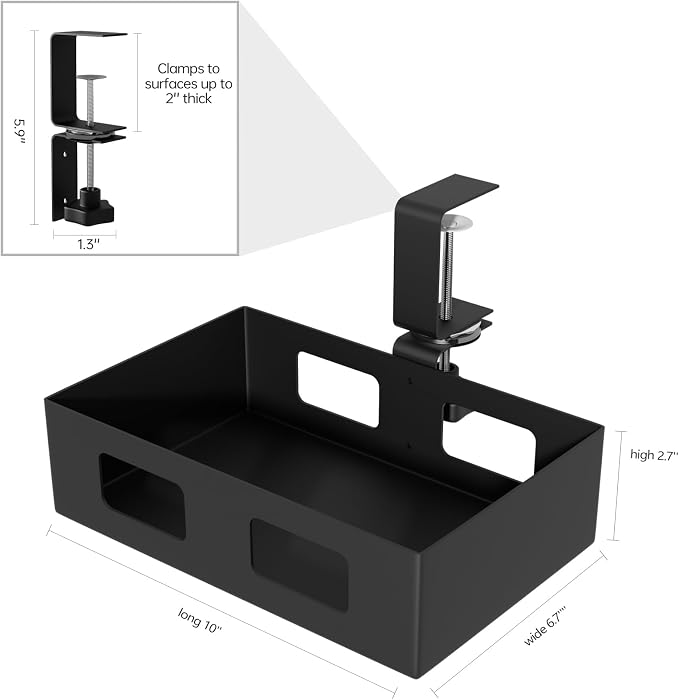 2 Pack Clamp-on Swivel Organizer, Under Desk Hidden Storage Drawer with Cable Hole, Hanging Metal Basket for Extender Space - Image 4