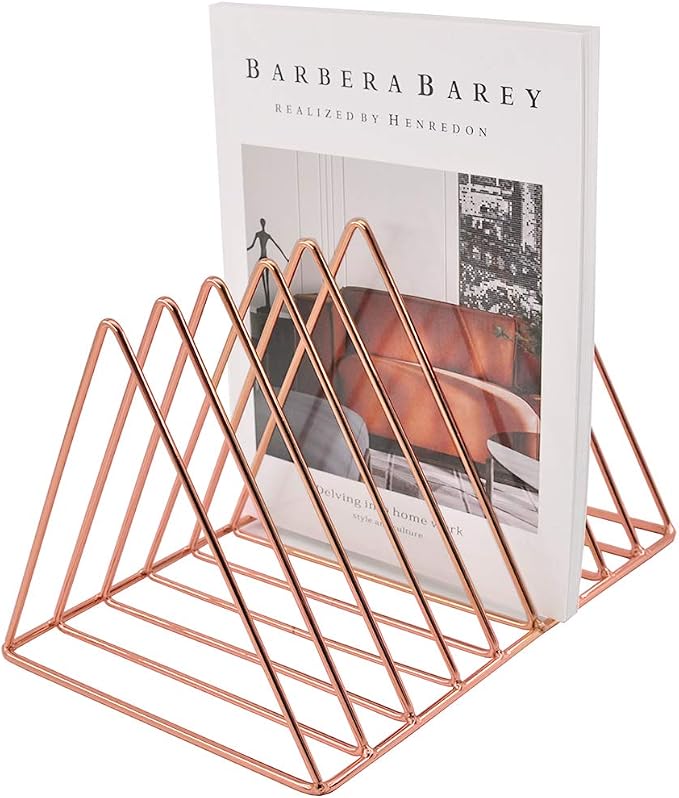 9 Slot Magazine Rack Book Record Holder, Desktop Iron Storage Rack Bookshelf Multifunction Triangle File Organizer Sorter for Decor Home Office, Rose Gold Pack of 2 - Image 5