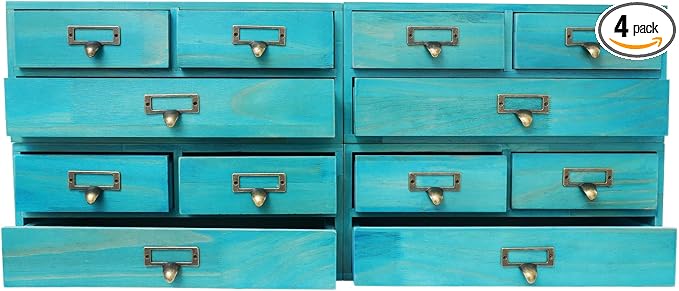 Stackable Wooden Desk Storage Box, 12 Drawers Tabletop Organizer, Blue | 4-Pack Countertop Apothecary Cabinet, Vintage Library Card Catalog Storage Cabinet with Metal Label Handles for Office Home by LifeFirstChoice-Blisiour