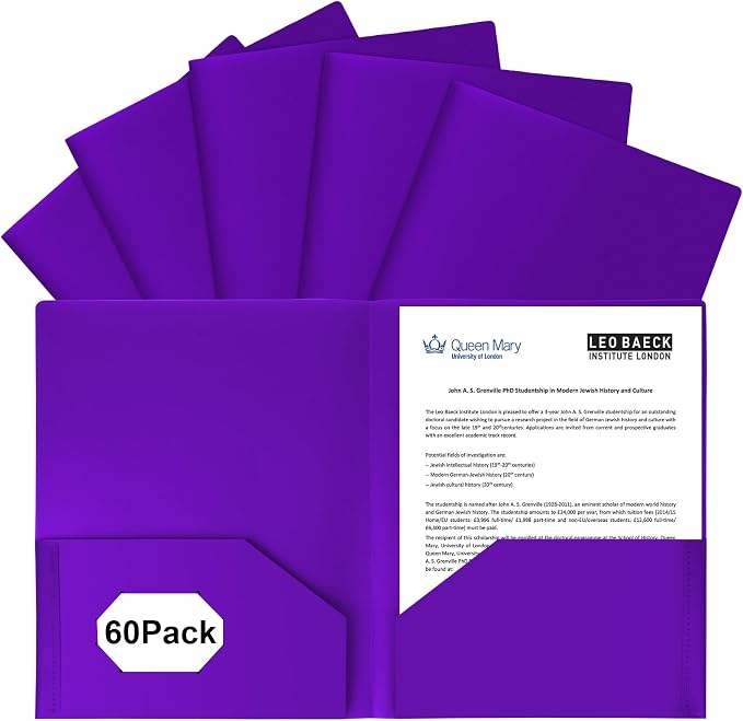 60-Pack Plastic Folders with Pockets,2-Pocket Poly Folders Holds 8-1/2" x 11" Paper for School/Office/Home, Purple by EEHZTSIOFFICE