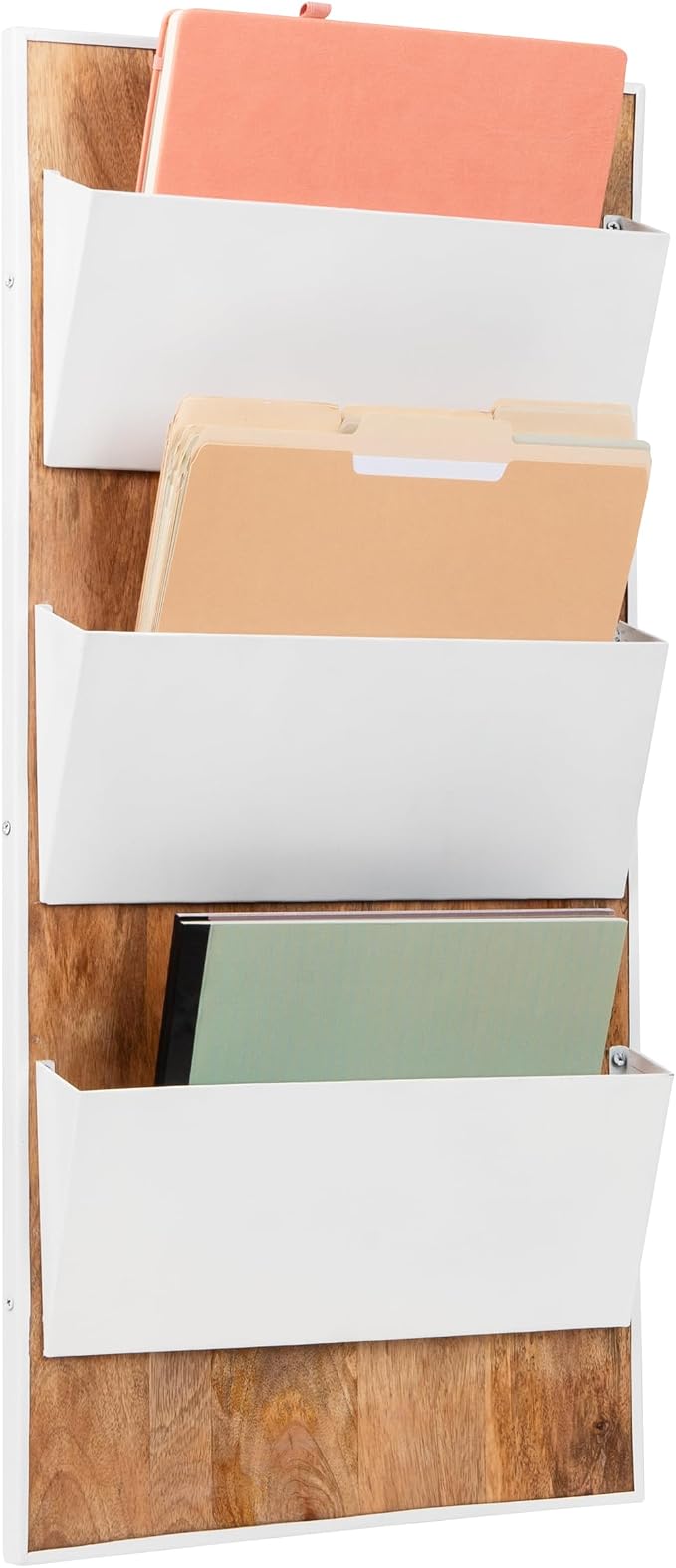 Mind Reader 3-Tier Wall-Mounted File Organizer, Wood and Metal Vertical Rack for Mail, Magazines, and Documents, Metal, Wood, White by MindReader