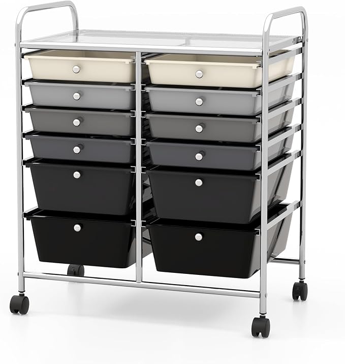 COSTWAY 12-Drawer Rolling Storage Cart, Moveable Art Craft Organizer | Lockable Wheels, Metal Shelf, Files Arrangement Tools Makeup Storage Cart for Office, Home, School (Mixed Black) by COSTWAY