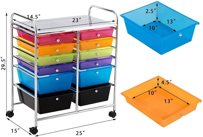 Moccha 12-Drawer Rolling Storage Cart - Under Desk Storage Drawers with wheels for Craft Art Supply Paper Salon, Scrapbook Paper Tools, Mobile Utility Cart for Classroom, Colorful - Image 3