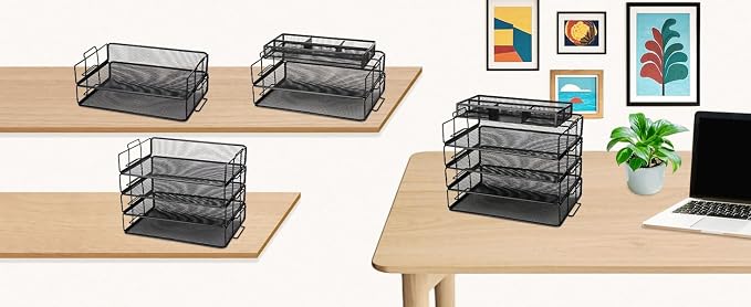 Exerz Letter Trays 4pcs Black Paper Sorters Stackable, 4 Tiers File Trays, Desk Organizer - Metal | 4 Tier Metal Mesh Stackable Saves Desk Space Holds A4 Papers Folders Notebooks Magazines For Office Home School - Image 8