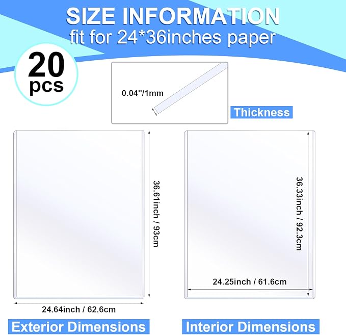 Sherr 20 Pcs Rigid Print Protectors Fit 24 x 36 Inch Poster Paper, Top Loading Page Protectors Plastic Poster Sleeves PVC Clear Sheet Holder to Display Photo Document Magazine Certificate - Image 2