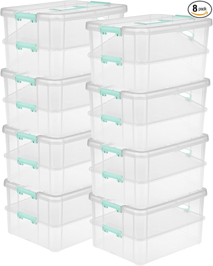 Sterilite 8-Pack Stack & Carry, 2 Layer Handle Box for Home & Office Storage - Clear Base & Lid with Color Latches, Organizer for Art & Craft Supplies, Sewing Tools or 8.5" x 11" Paper by Sterilite