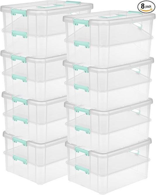 Sterilite 8-Pack Stack & Carry, 2 Layer Handle Box for Home & Office Storage - Clear Base & Lid with Color Latches, Organizer for Art & Craft Supplies, Sewing Tools or 8.5" x 11" Paper by Sterilite