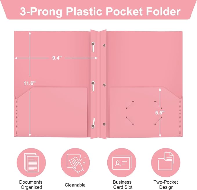 ViVin 12-Pack Durable 3-Prong Plastic Folder, Heavy Duty Pocket Folder with Brads, Pastel Color, Letter Size Poly Folders with 2 Pockets, Cute Folders for Kids, Students, Teachers and Officer (Pink) - Image 2