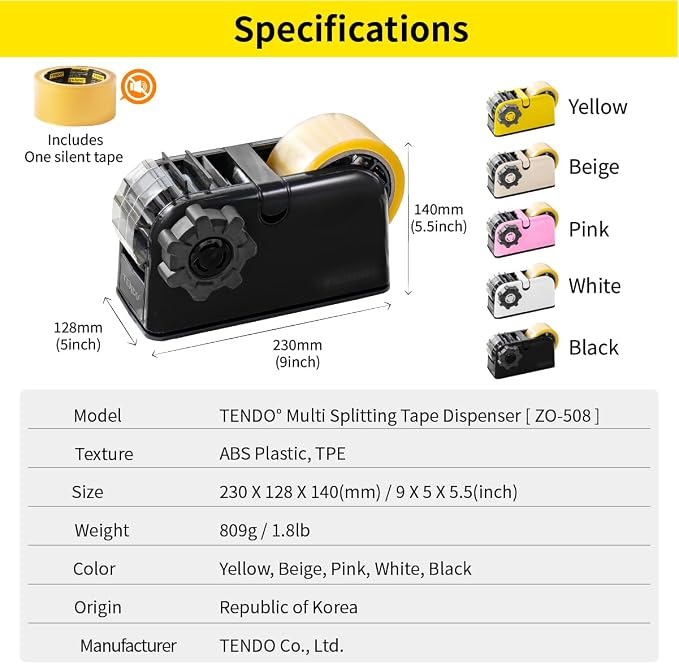 [TENDO°] TENDO Multi-Section Tape Dispenser, Custom Width Tape Cutter with 4 Cutting Sections, Built-in Safety Blade, Ergonomic Grip for Packing and Office Use, ZO-508(Black) - Image 8