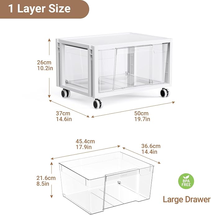 Stackable Storage Drawer Carts, Extra Large Bins 1 Tier 1 Drawer | Smooth Pull-Out Drawers, Clear Plastic Storage Organizer Container For Home Office Bedroom Bathroom Art Crafts Under Desk - Image 2