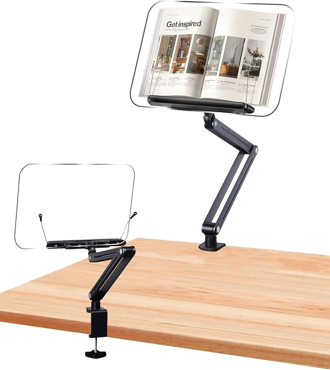 ASIEIT Book Stand with Clamp, Acrylic Desk Clamp Book Holder, 360° Cookbook Stand for Kitchen, Recipe Book Stand, Height and Angle Adjustable, Foldable and Portable for Office, Bible,Magazine,Laptops by ASIEIT