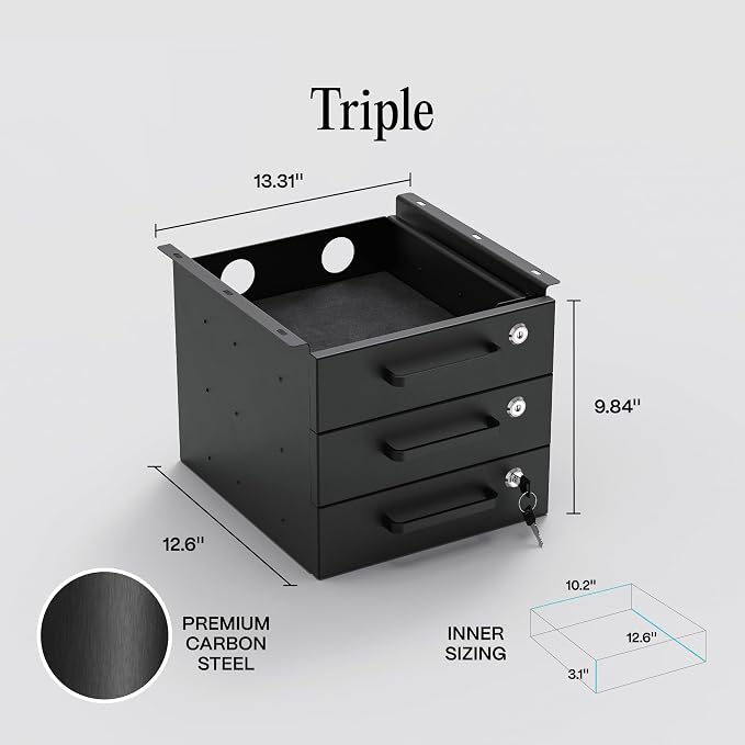 Under Desk Drawer Slide-Out - Lockable Metal Storage Drawers with Cable Management for Office & Home (Triple, Non-Bracketed) - Image 2