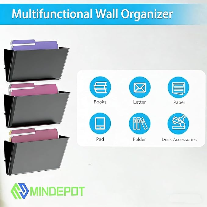 MINDEPOT 1 Pockets Acrylic Wall File Organizer, Wall File Holder Black - Image 5