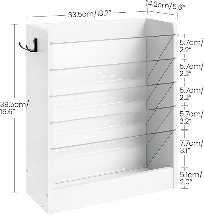 Wall File Holder, 6-Tier File Organizer, Office Supplies Storage Rack, Versatile Desktop Organizer, with Detachable Shelves, with Side Hooks, for Living Room, Study, Home Office, White MWJ02WB - Image 6