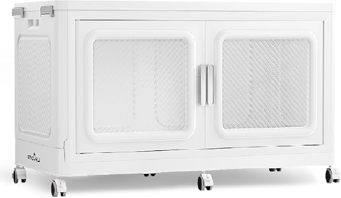 BROVIEW 220 Qt/55 Gal Stackable Storage Bins with Lids, 1 Pack, White | Large Stackable Storage Boxes w/ 1 Lid Folding Plastic Cart Organizer for Home Kitchen, Open Front Clear Door with Wheels by BROVIEW-EnjoytheArtofLife