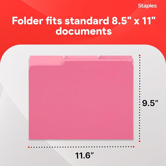 Staples Reinforced File Folders, 1/3-Cut Tab, Letter Size, Pink, 100/Box (508952) - Image 3