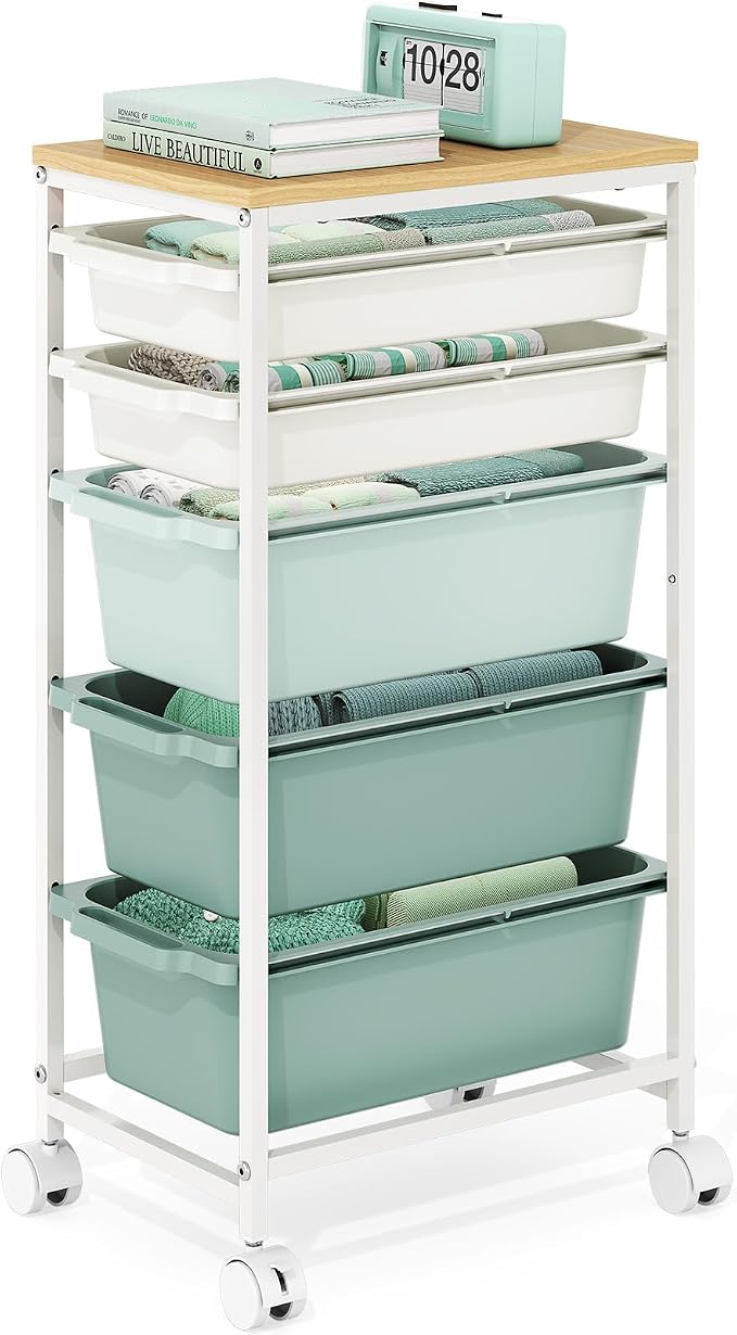 KINGBOARD Slim Rolling Cart with 5 Drawers, Metal Utility Storage Cart | Wooden Tabletop, Lockable Wheels, Table Side Trolley for Bedroom, Children's Room and Office Organization, Green by KINGBOARD