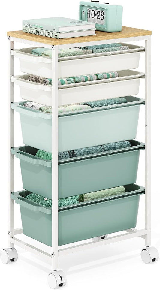 KINGBOARD Slim Rolling Cart with 5 Drawers, Metal Utility Storage Cart | Wooden Tabletop, Lockable Wheels, Table Side Trolley for Bedroom, Children's Room and Office Organization, Green by KINGBOARD