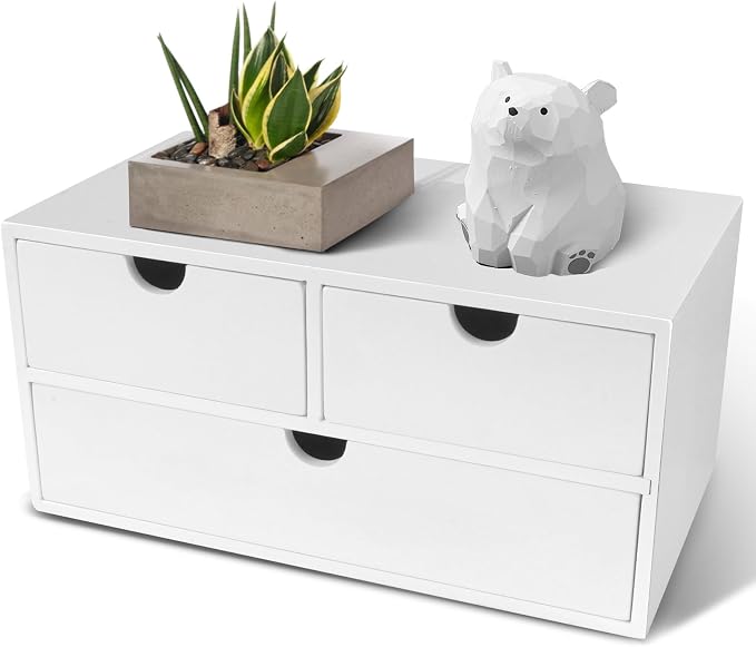 Charmewooden Bamboo Desk Organizer with 3 Drawers, Countertop Organizer with Drawers Makeup Storage Drawer 3 Drawer Tabletop Storage Organization Box Home Office Workspace（White） by Charmewooden