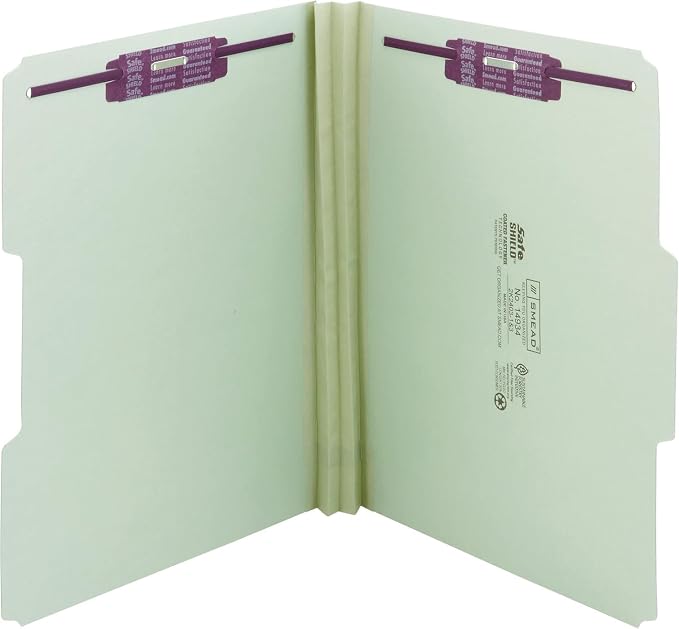 Smead Pressboard Fastener File Folder with SafeSHIELD, 1/3 Cut Tab, 51 Mm Expansion, Letter Size, Gray, Green, 25 Count, 14934 by SMEAD