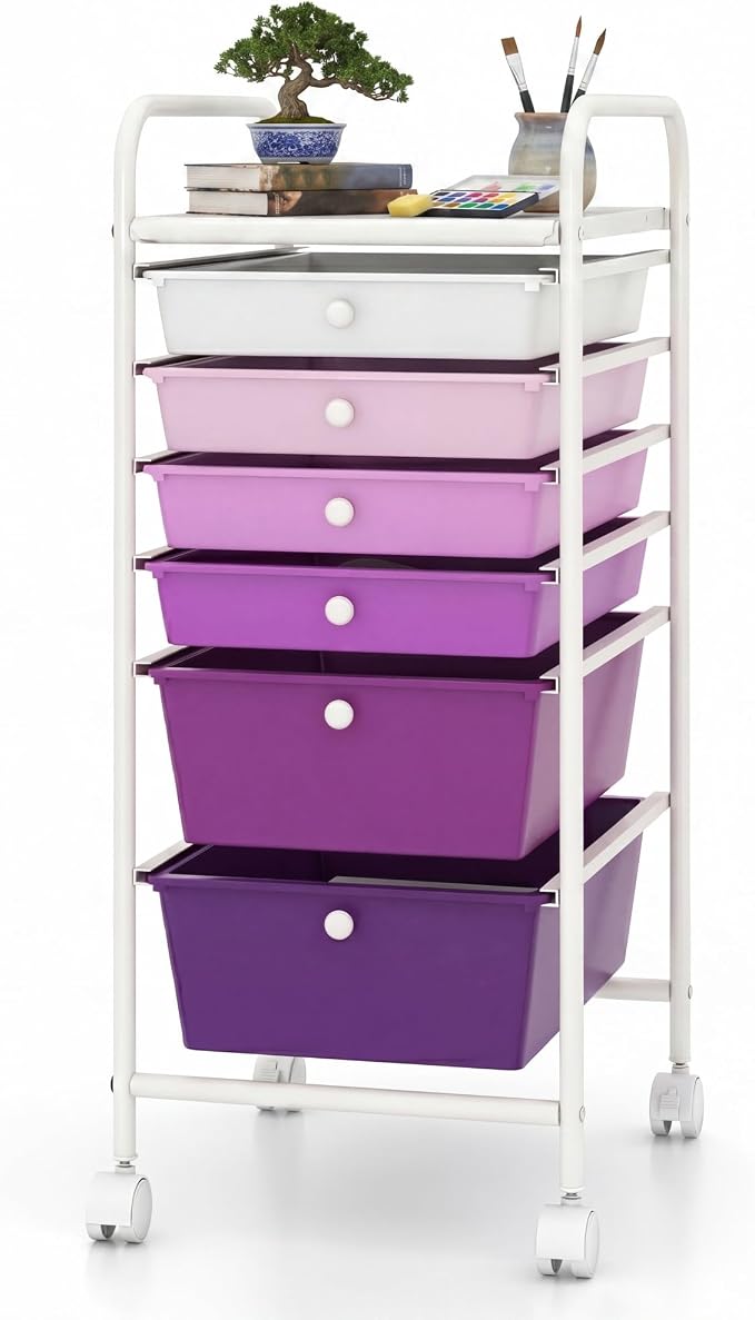 COSTWAY 6-Drawer Rolling Storage Cart, Art Craft Tools Organizer on Wheels | Multifunctional Heavy Duty Utility Mobile Storage Trolley w/ 2 Lockable Wheels for Home Office School (Purple Gradient) by COSTWAY
