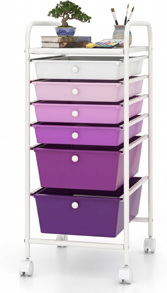 COSTWAY 6-Drawer Rolling Storage Cart, Art Craft Tools Organizer on Wheels | Multifunctional Heavy Duty Utility Mobile Storage Trolley w/ 2 Lockable Wheels for Home Office School (Purple Gradient) by COSTWAY