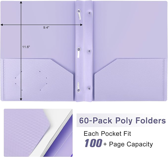 60-Pack Plastic andPockets and Prongs,2-Pocket and3 Fasteners, Pastel Folders Holds 8-1/2" x 11" Paper for School/Office/Home, Purple - Image 4