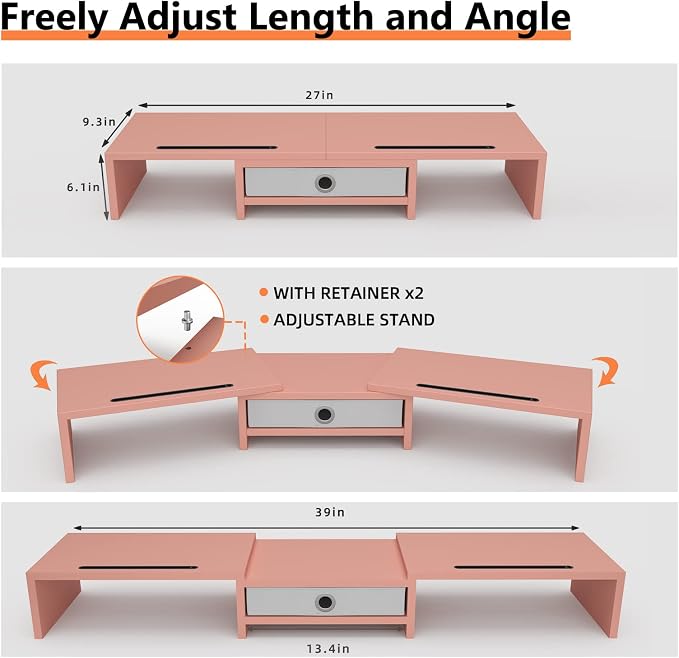 WESTREE Dual 3 Shelf Computer Riser with Drawer, Adjustable Length and Angle, Desktop 2 Monitor Stand Storage Organizer - Image 7