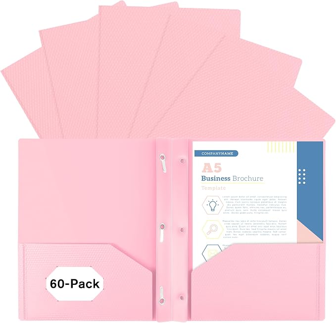 60-Pack Plastic andPockets and Prongs,2-Pocket and3 Fasteners, Pastel Folders Holds US Letter Size Paper for School/Office/Home, Pink by EEHZTSIOFFICE