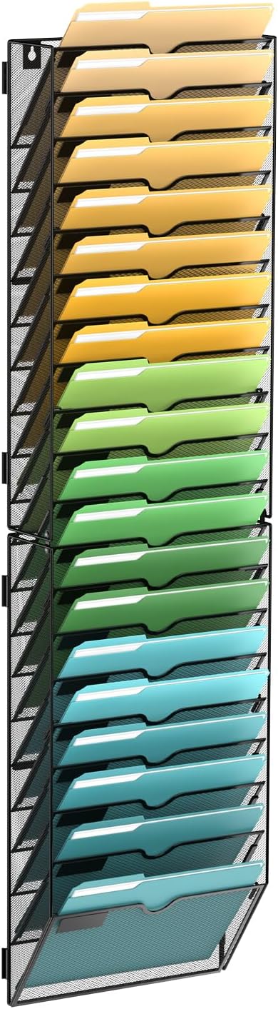 20 Tier Wall File Organizer, Hanging Wall Mounted Mail Organizer with Label Slots, Metal Mesh File Holder Magazine Rack for Office, Home, School or Classroom, Black by SUPEASY