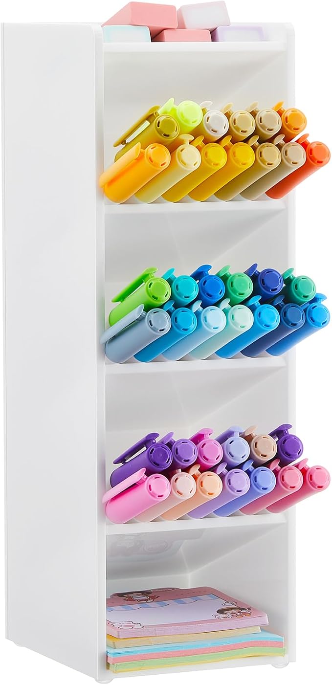 MotiMind Acrylic Pen Organizer Storage for 50 Markers Vertical Marker Organizer Acrylic Pen Display Holder for Office Desk Desktop Stationery Pencil Storage, White, 3.4 x 4 x 10.2 Inch by MotiMind
