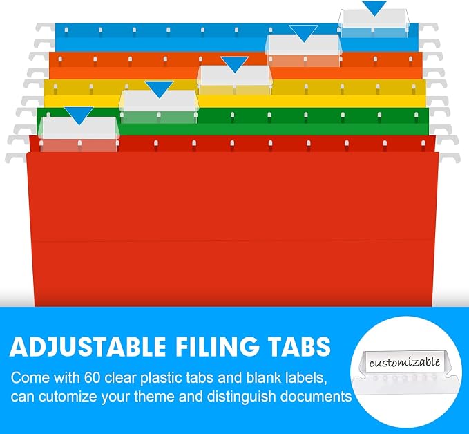 Extra Capacity Hanging File Folders, RAZCC 60 Pack Letter Size Reinforced Hanging Folders with Heavy Duty 2 Inch Expansion for Bulky Files, Filing Cabinet, Adjustable Tabs, Assorted Colors - Image 6