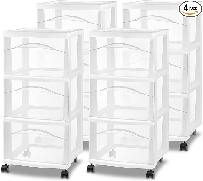 Sterilite 4-Pack 3-Drawer Cart, Plastic Storage Organizer Drawers with Wheels, White - Rolling Multipurpose Bins for Dresser, Closet, Cabinet, Bedroom, Bathroom, and Office Organization by Sterilite