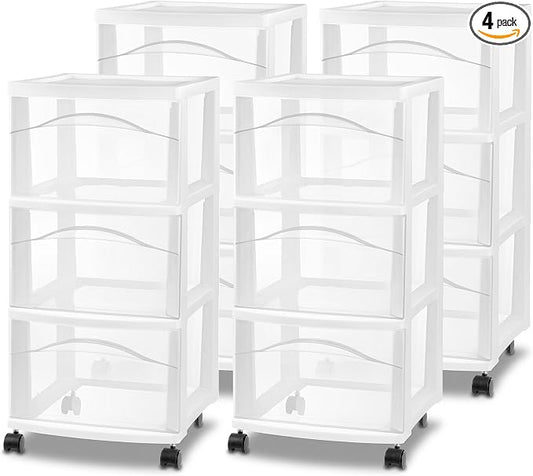 Sterilite 4-Pack 3-Drawer Cart, Plastic Storage Organizer Drawers with Wheels, White - Rolling Multipurpose Bins for Dresser, Closet, Cabinet, Bedroom, Bathroom, and Office Organization by Sterilite