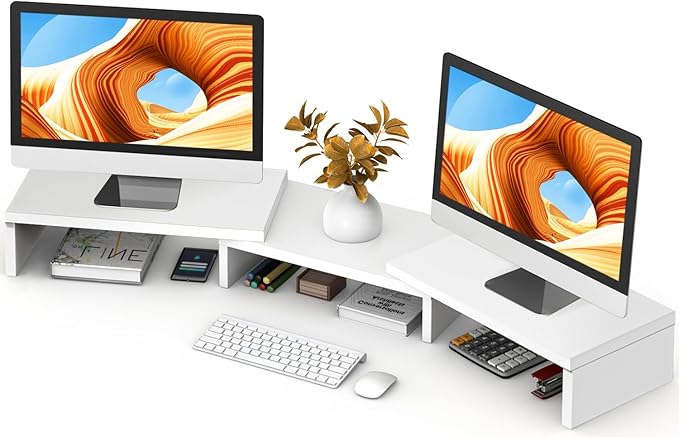 TAVR Dual Monitor Stand Riser, Wooden Computer Monitor Stand for 2 Monitors | Extra Long Multifunctional Desktop Organizer Riser for TV, PC Monitor, Laptop, Printer, Max 43.3" Length, White by TAVRFurniture