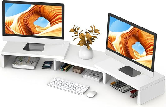 TAVR Dual Monitor Stand Riser, Wooden Computer Monitor Stand for 2 Monitors | Extra Long Multifunctional Desktop Organizer Riser for TV, PC Monitor, Laptop, Printer, Max 43.3" Length, White by TAVRFurniture