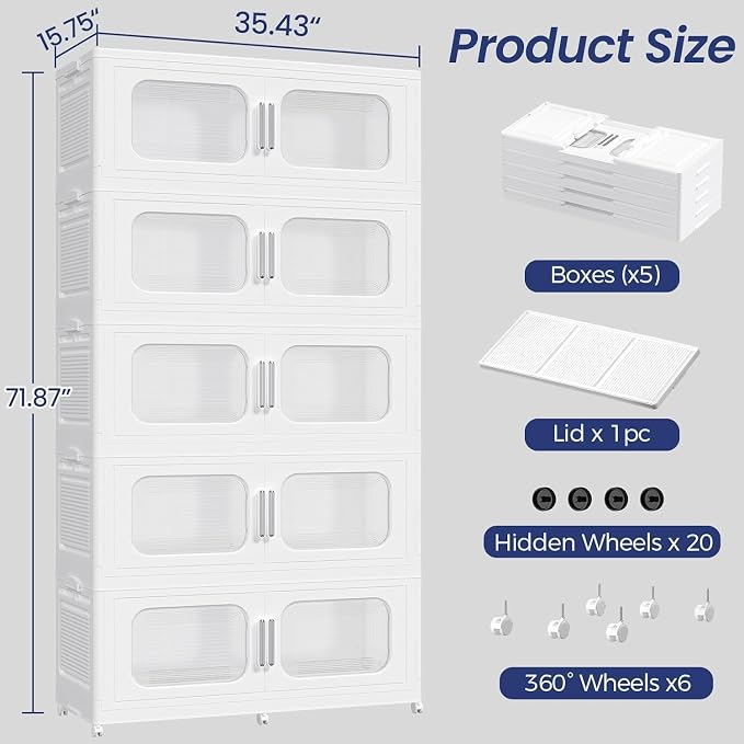 250Gal Exra Large Stackable Storage Bins with Lid, 1000QT Collapsible Storage Box with 6x Wheels, Folding Plastic Cabinet Container with Door Drawer for Home Kitchen Office Dorm, 5Pack White - Image 2