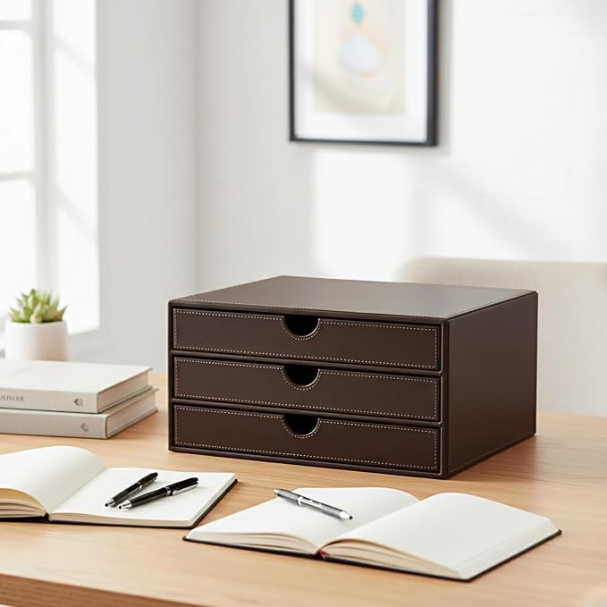 UnionBasic Leather Desktop Drawer Organizer, File Cabinet Magazine Document Holder, Office Supplies Desk Storage Organizer Box, 3 Drawer, Coffee - Image 6