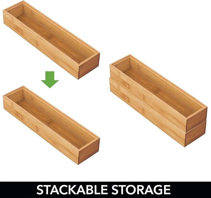 mDesign Slim Wooden Bamboo Drawer Organizer for Office - 12" Long Stackable Storage Box Tray for Desk Drawers/Cabinet - Junk Drawer and Accessories Organization - Echo Collection, 6 Pack, Natural Wood - Image 5